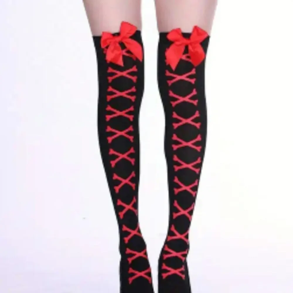 Black Bow Stockings Crossed Bones Choose Red/Pink Coquette Lolita Valentine's